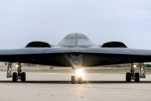 A B-2 Spirit Stealth Bomber from Whiteman AFB taxis down a flight line